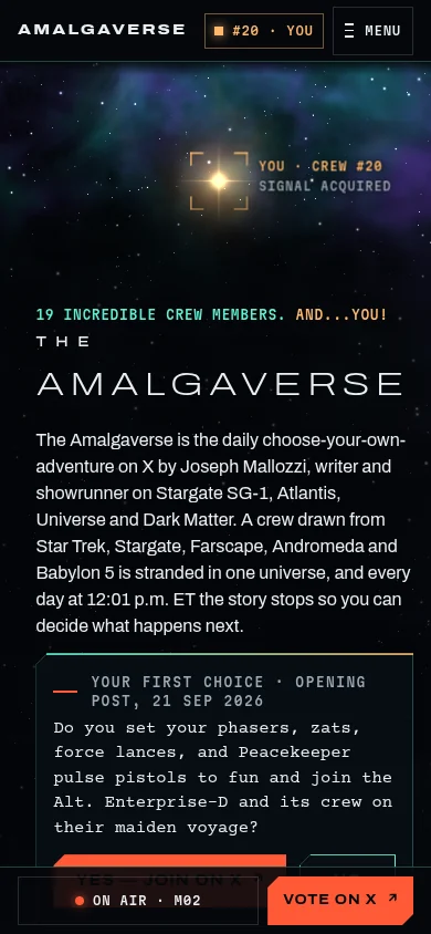 amalgaverse.link ana sayfasının telefon görünümü: yıldız alanı üzerinde Amalgaverse başlığı, tanıtım metni ve sonraki bölüme geri sayım.